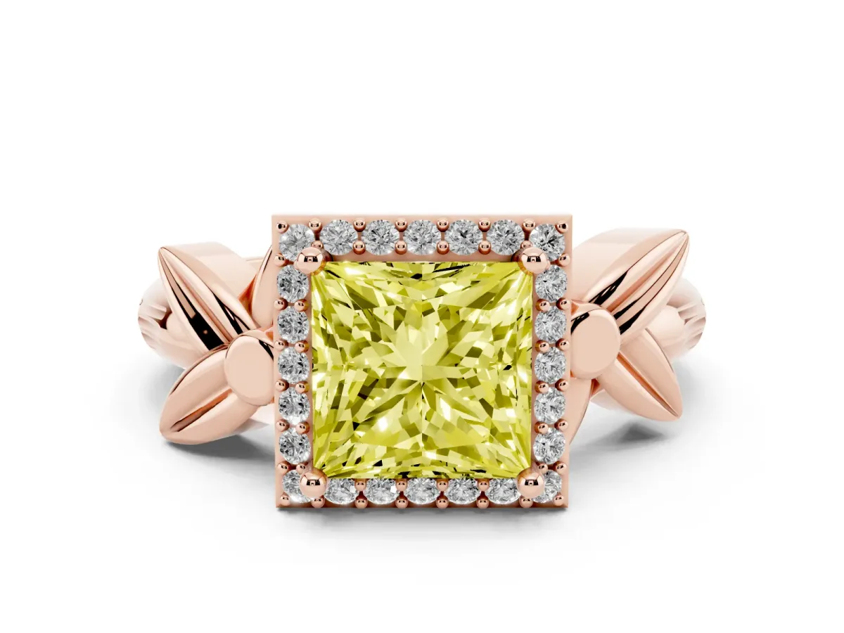 Fancy Yellow Princess Cut Diamond Halo Floral Band Ring Set in Rose gold with Prong Setting