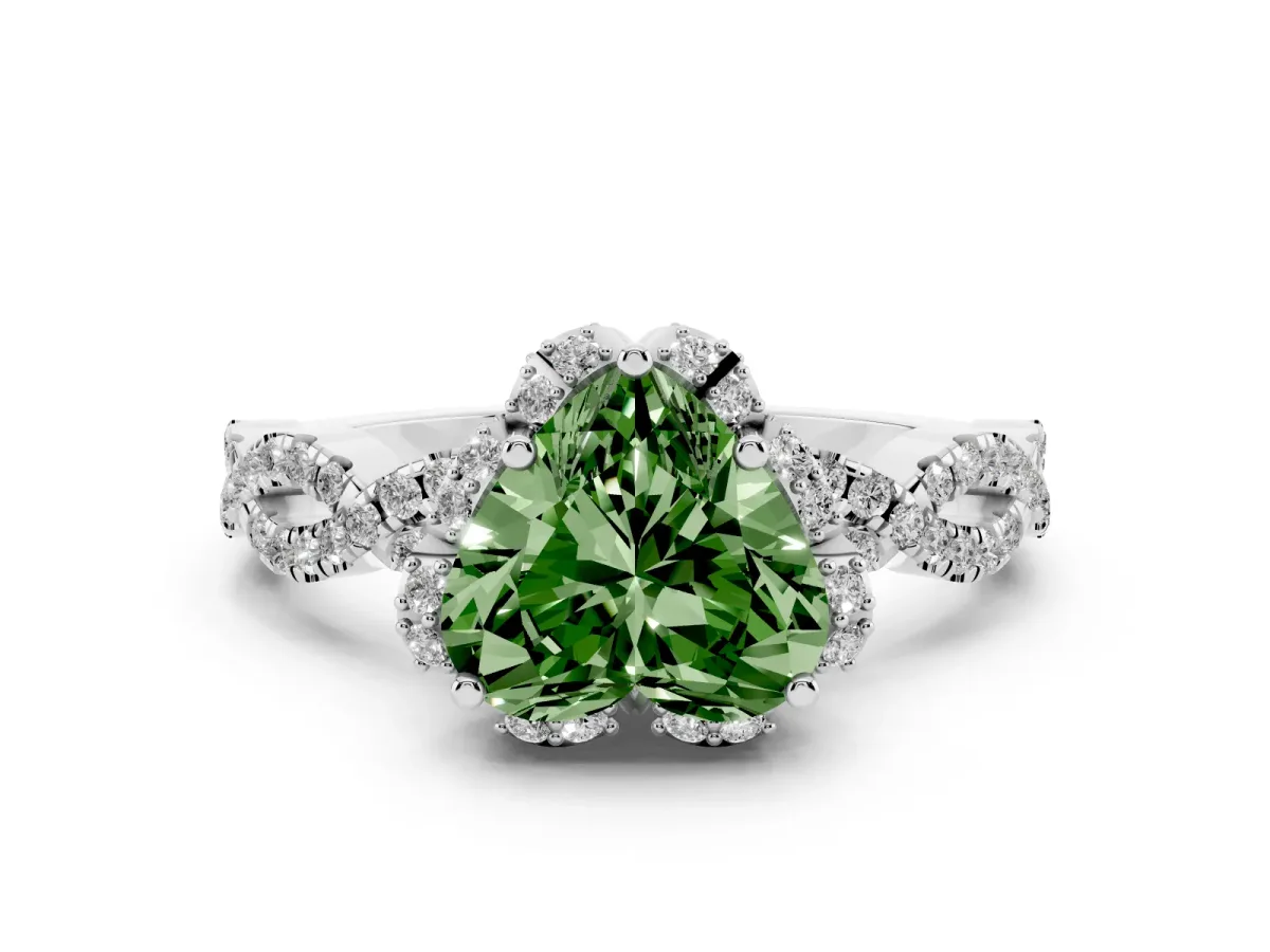 Fancy Green Heart Cut Diamond Halo Twist Band Solitaire Ring Set in Platinum with Prong-Set Center Stone
