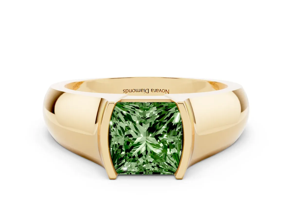 Fancy Green Princess Cut Diamond Bezel Solitaire Ring Set in Yellow gold with Wide Band