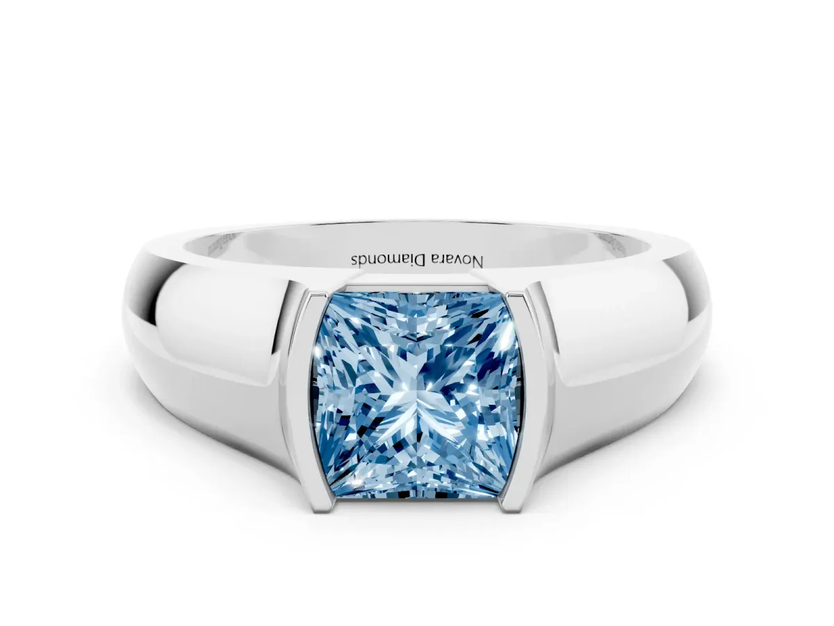 Fancy Blue Princess Cut Diamond Bezel Solitaire Ring Set in Platinum with Wide Band