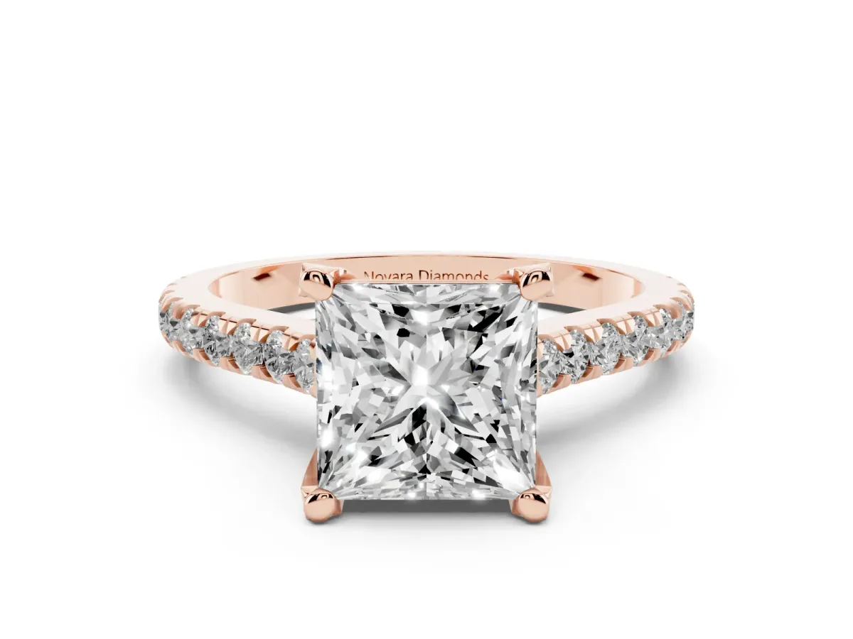 Princess Cut Diamond Solitaire Ring Set in Rose gold with Brilliant Pavé Band and Prong Setting