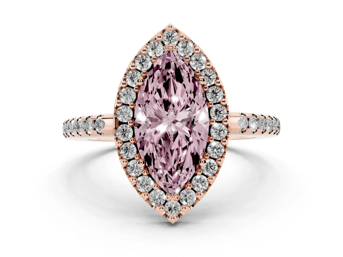 Fancy Pink Marquise Cut Diamond Pavé Halo Ring Set in Rose gold with Prong Setting