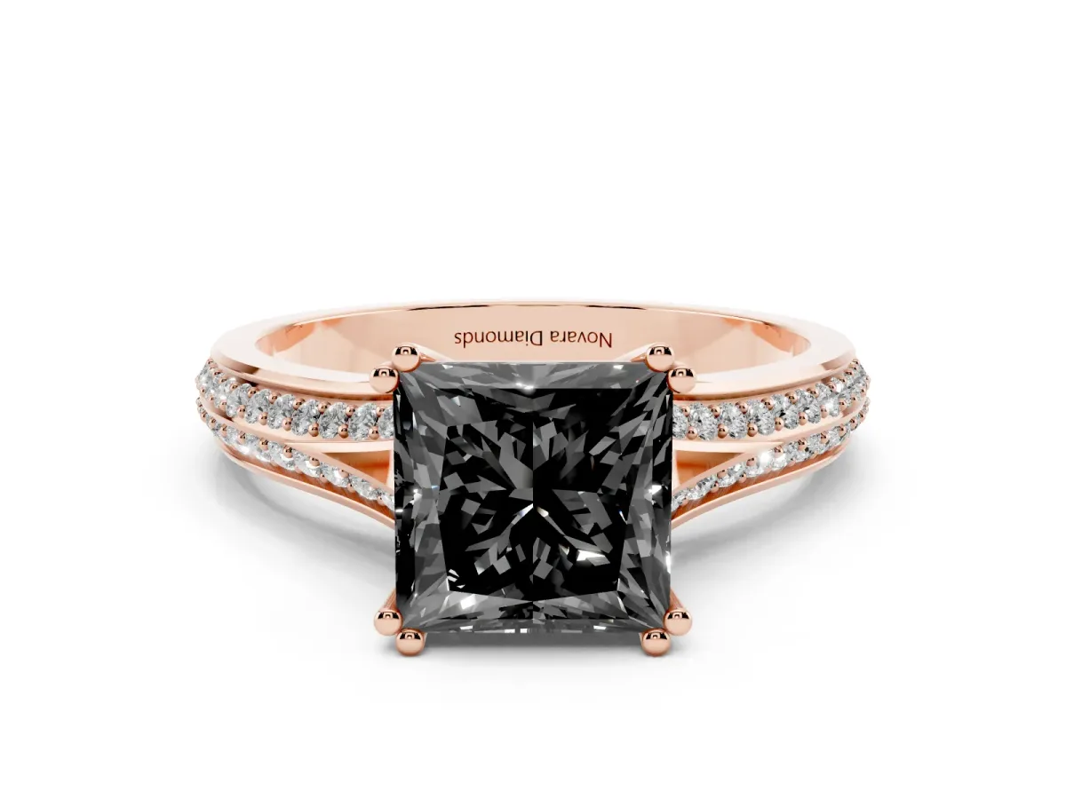 Fancy Black Princess Cut Diamond Split Shank Pavé Engagement Ring Set in Rose gold with Prong-Set Center Stone