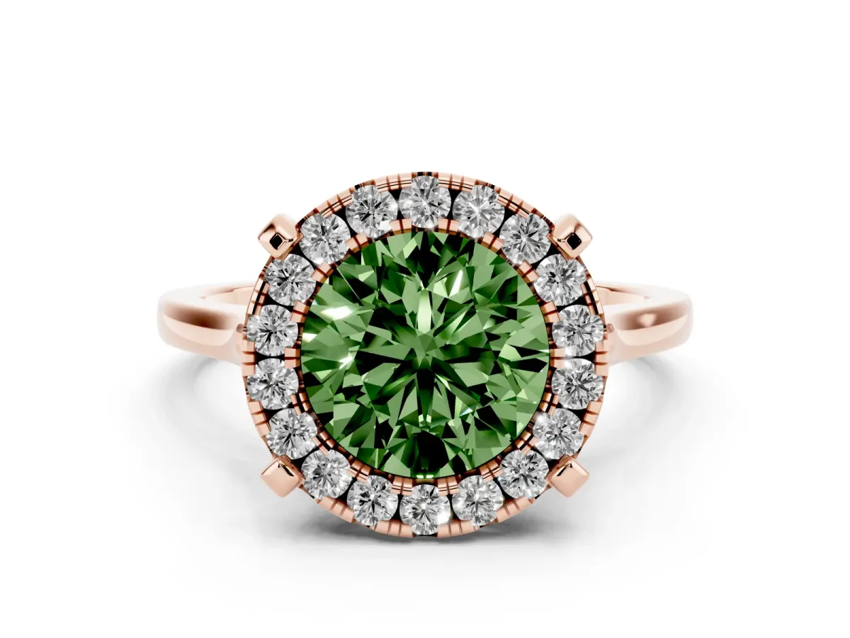 Fancy Green Round Cut Diamond Cluster Halo Solitaire Ring Set in Rose gold with Prong Setting