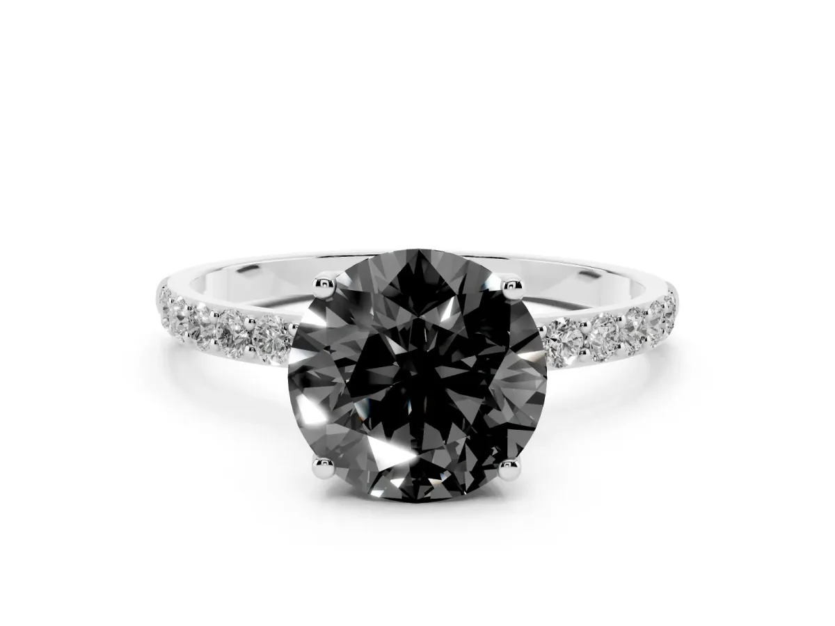 Fancy Black Round Cut Diamond Solitaire Engagement Ring Set in White gold with Round Pavé Band and Prong Setting