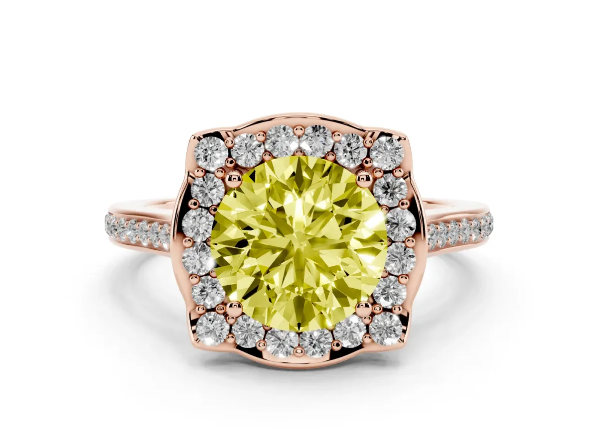 Fancy Yellow Round Cut Diamond Halo Ring Set in Rose gold with Pavé-Lined Shoulders and Prong Setting