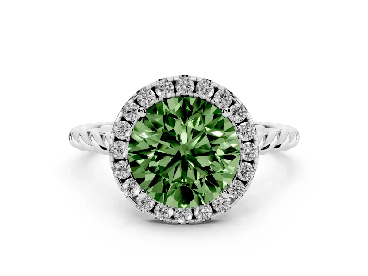 Fancy Green Round Cut Diamond Halo Ring Set in Platinum with Plain Twisted Band