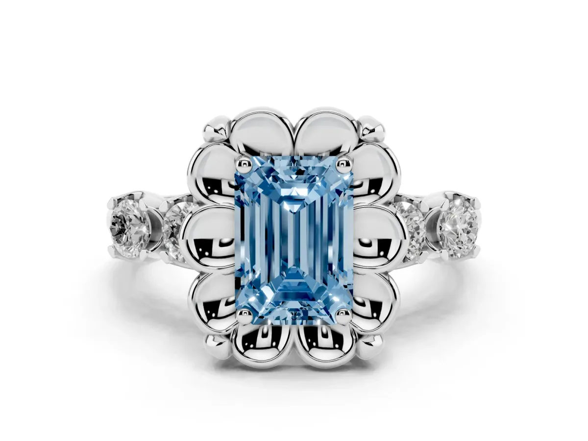 Fancy Blue Emerald Cut Diamond Floral Halo Ring Set in Silver with Shared Prong Band