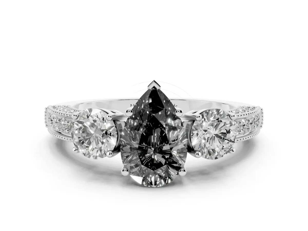 Fancy Black Pear Cut Diamond Three-Stone Ring Set in Silver with Round Side Stones and Pavé Band