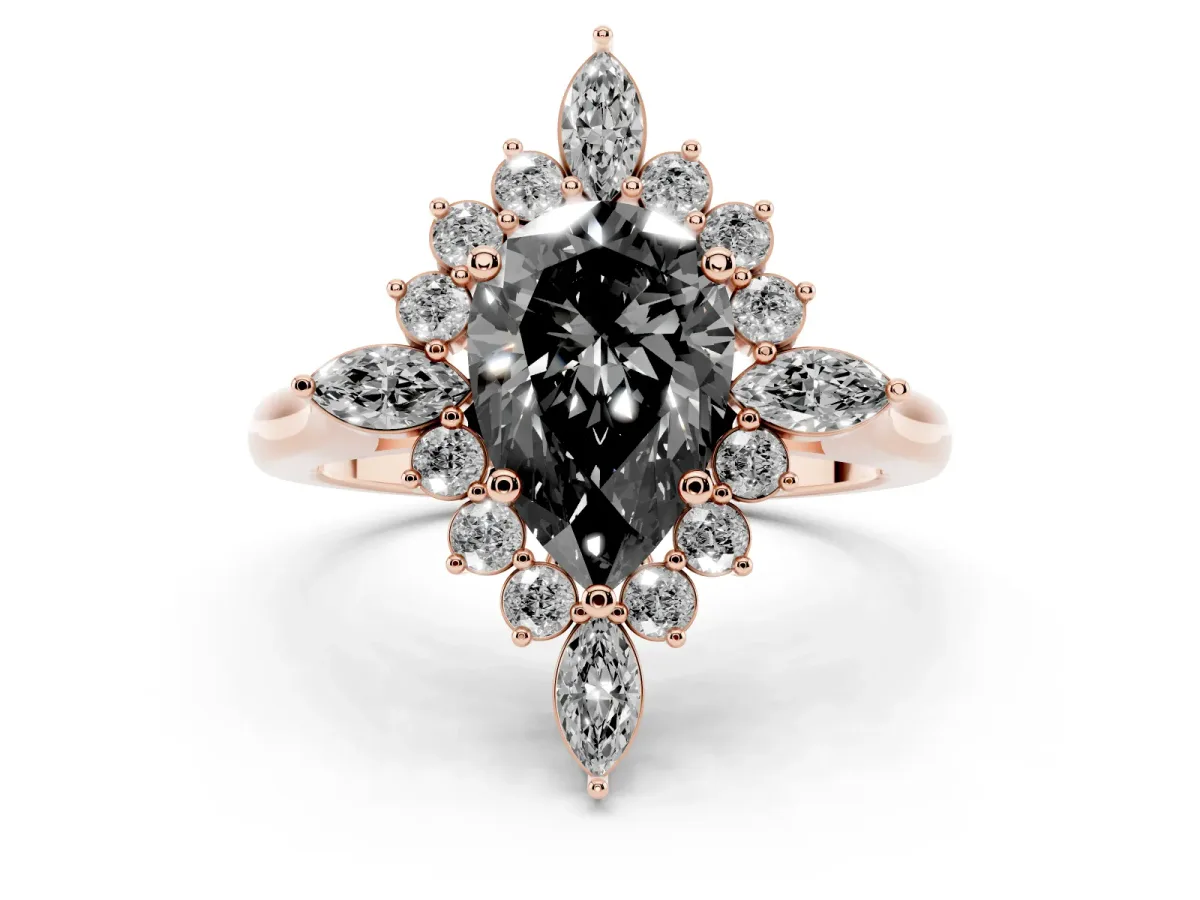 Fancy Black Pear Cut Diamond Cluster Halo Ring Set in Rose gold with Marquise and Round Accents