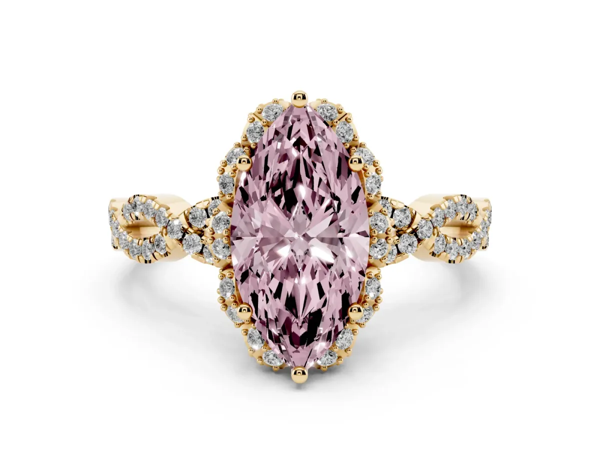 Fancy Pink Marquise Cut Diamond Halo Twist Band Solitaire Ring Set in Yellow gold with Prong-Set Center Stone