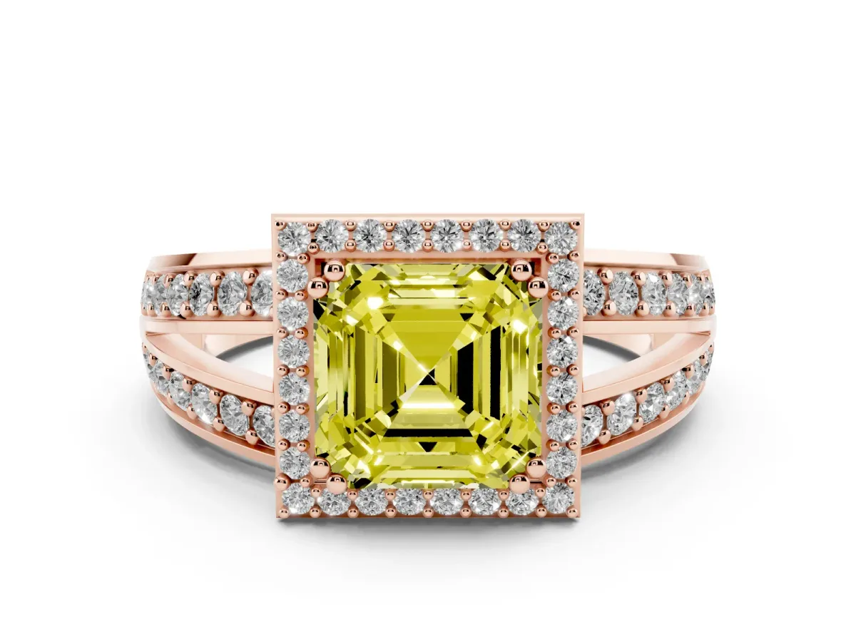 Fancy Yellow Asscher Cut Diamond Halo Ring Set in Rose gold with Double Pavé Split Shank