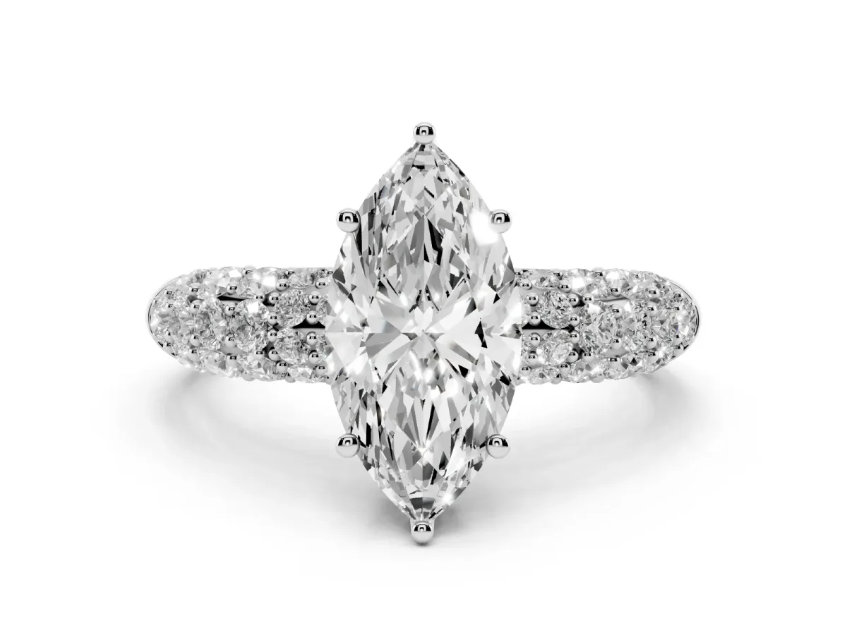 Marquise Cut Diamond Pavé Band Solitaire Ring Set in Silver with Close-Set Accent Stones and Prong Setting