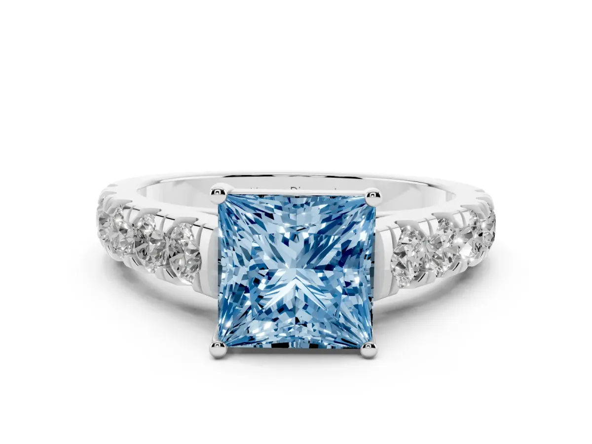 Fancy Blue Princess Cut Diamond Solitaire Ring Set in Silver with Cut-Down Micro Pavé Band and Prong Setting