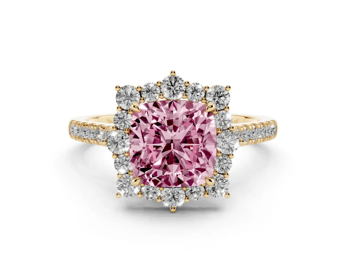 Fancy Pink Cushion Cut Diamond Halo Ring Set in Yellow gold with Pavé Band and Prong Setting