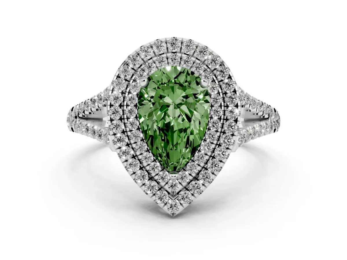Fancy Green Pear Cut Diamond Double Halo Ring Set in White gold with Pavé Band