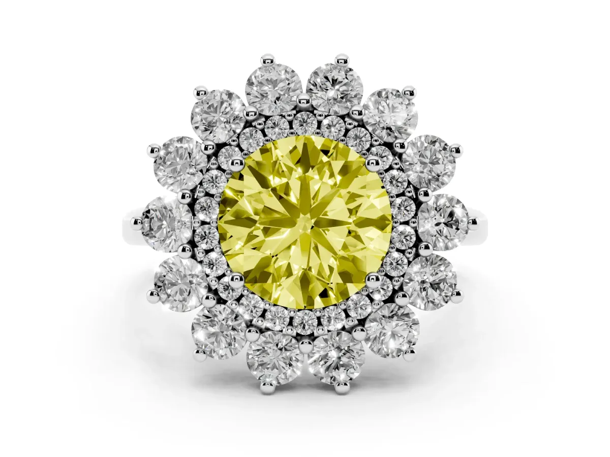 Fancy Yellow Round Cut Diamond Floral Double Halo Ring Set in Silver with Round Petals