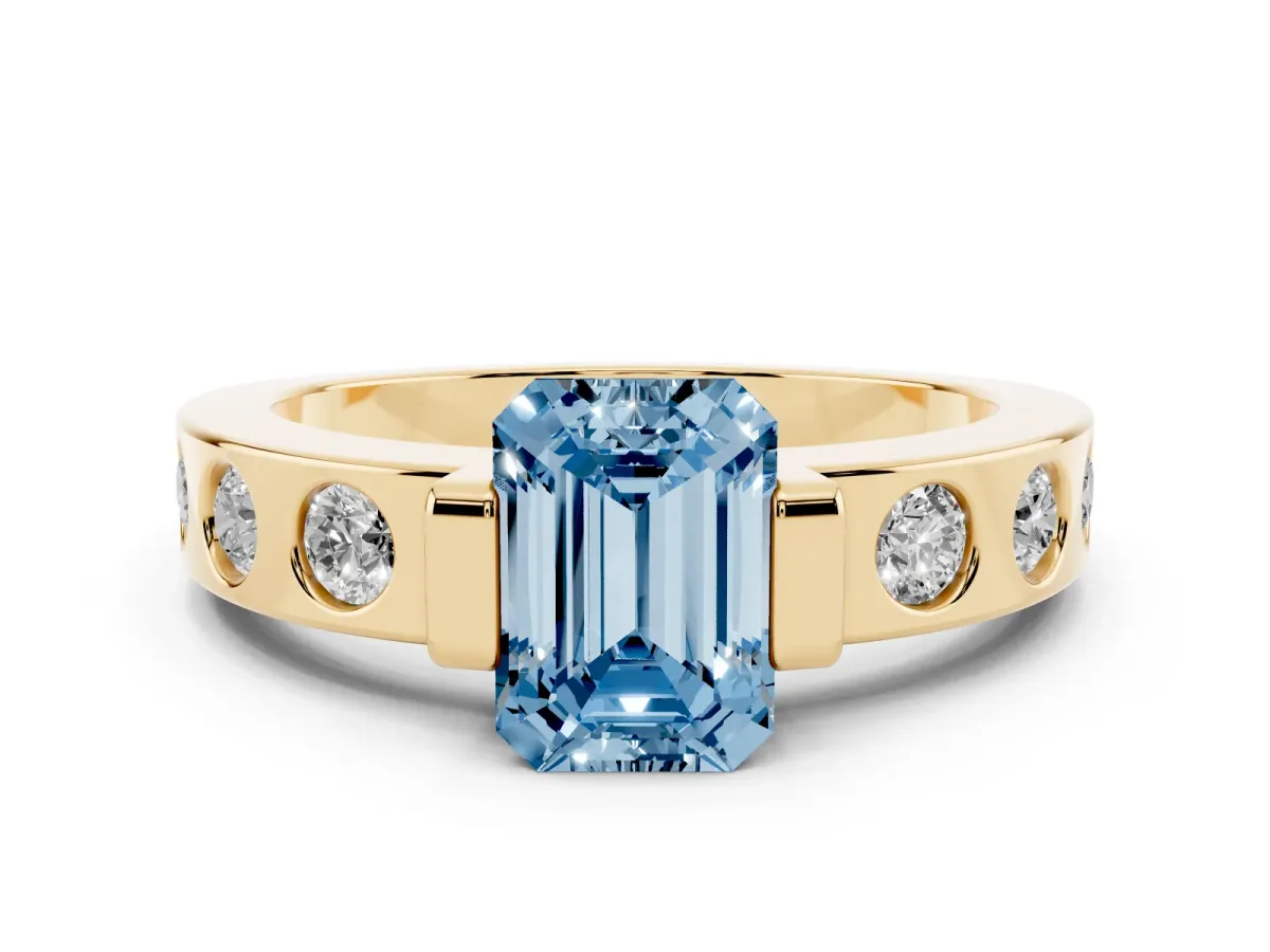 Fancy Blue Emerald Cut Diamond Channel-Set Band Ring Set in Yellow gold with Bezel Prong Setting