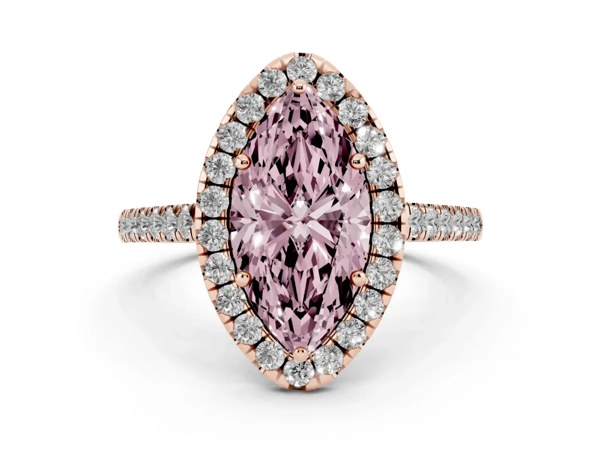 Fancy Pink Marquise Cut Diamond Halo Pavé Engagement Ring Set in Rose gold with Prong Setting