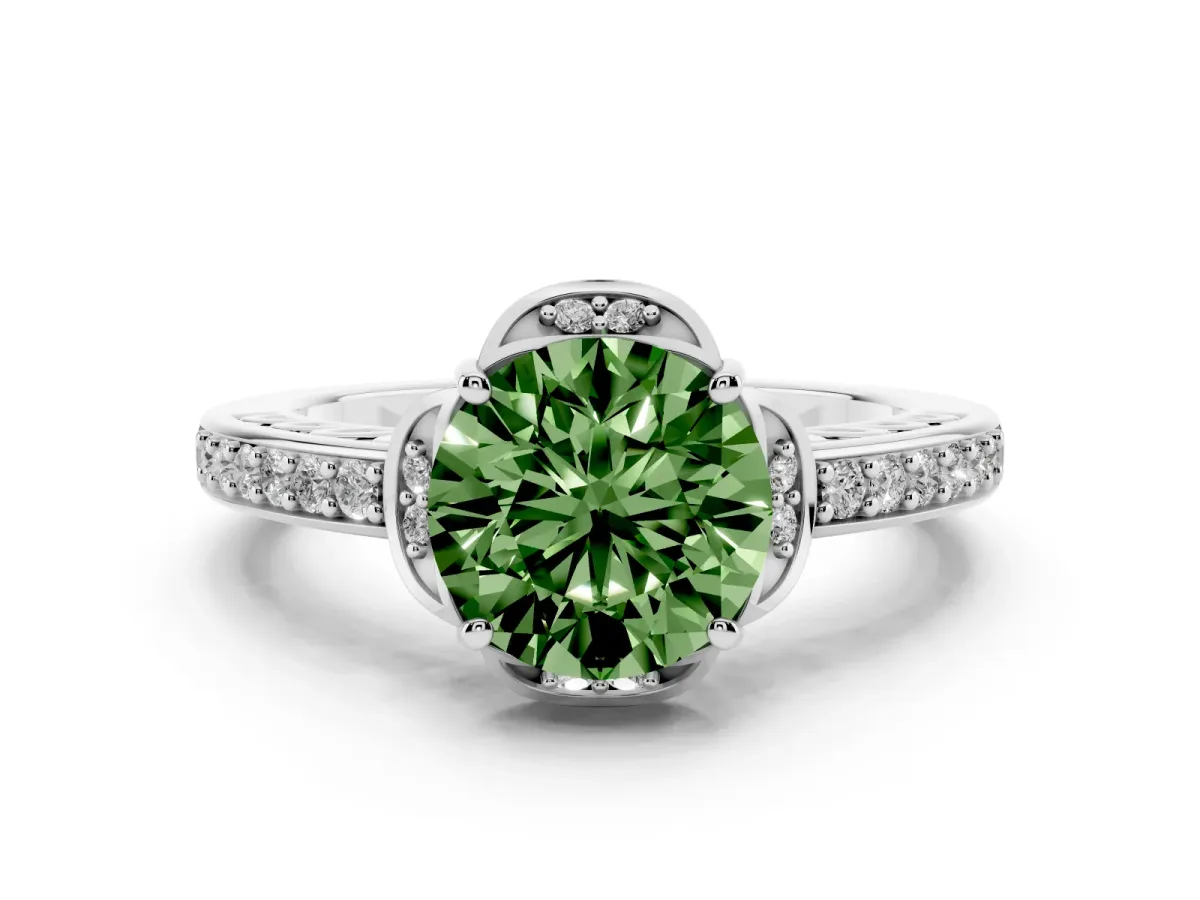 Fancy Green Round Cut Diamond Halo Ring Set in Platinum with Channel Set Band and Prong Setting
