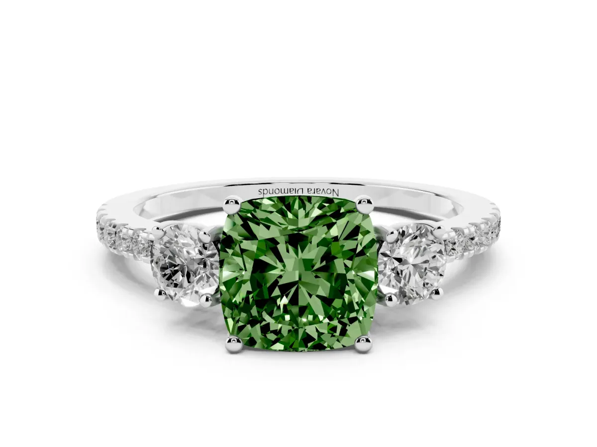 Fancy Green Cushion Cut Diamond Three-Stone Ring Set in White gold with Pavé Band and Graduated Sides
