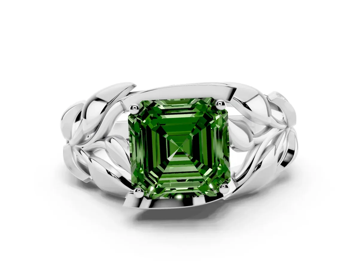 Fancy Green Asscher Cut Diamond Leaf-Inspired Engagement Ring Set in Silver with Round Accents