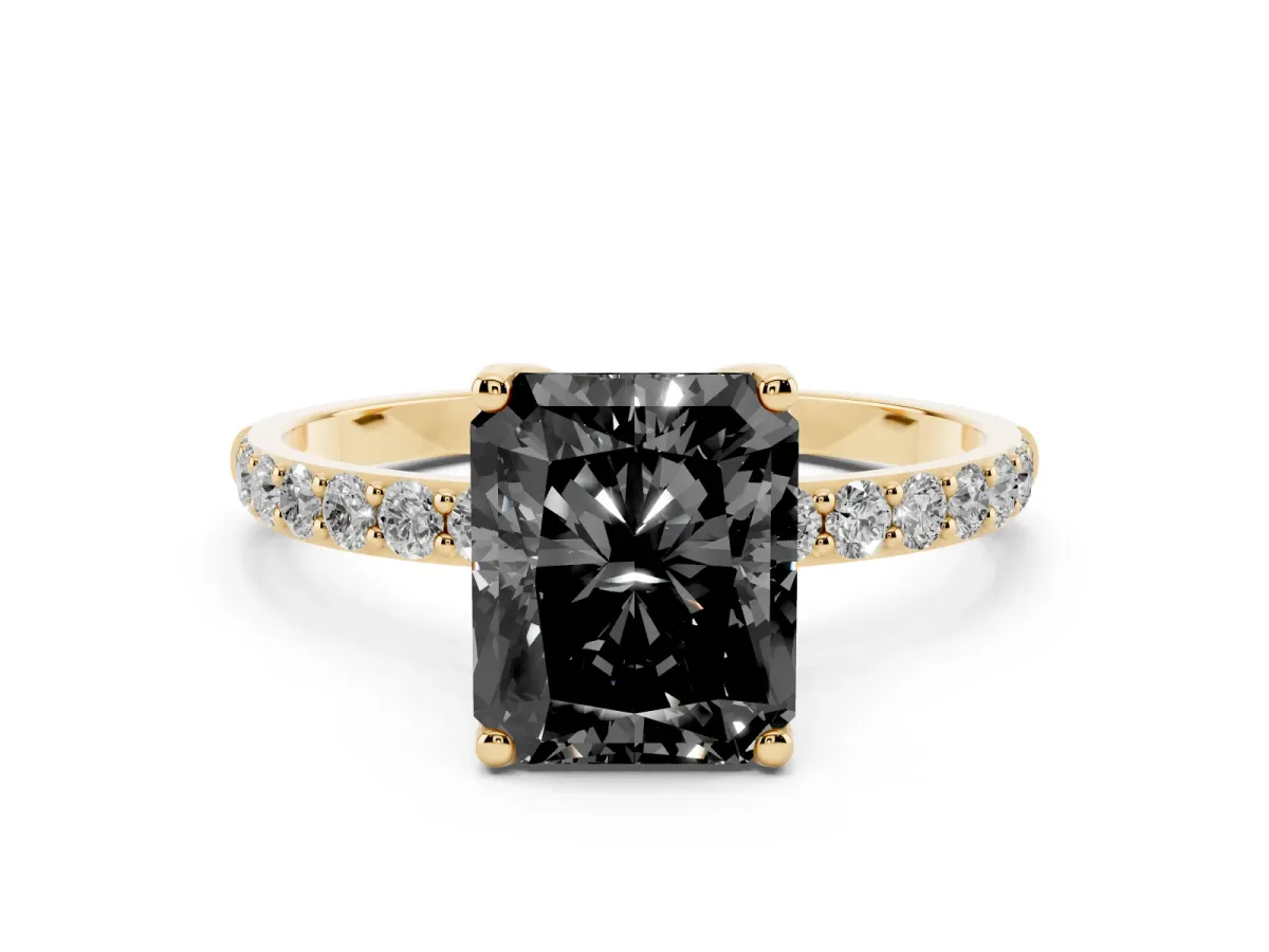 Fancy Black Radiant Cut Diamond Solitaire Engagement Ring Set in Yellow gold with Round Pavé Band and Prong Setting