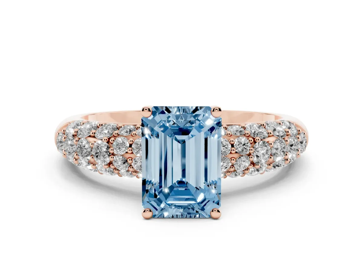Fancy Blue Emerald Cut Diamond Pavé Band Solitaire Ring Set in Rose gold with Close-Set Accent Stones and Prong Setting