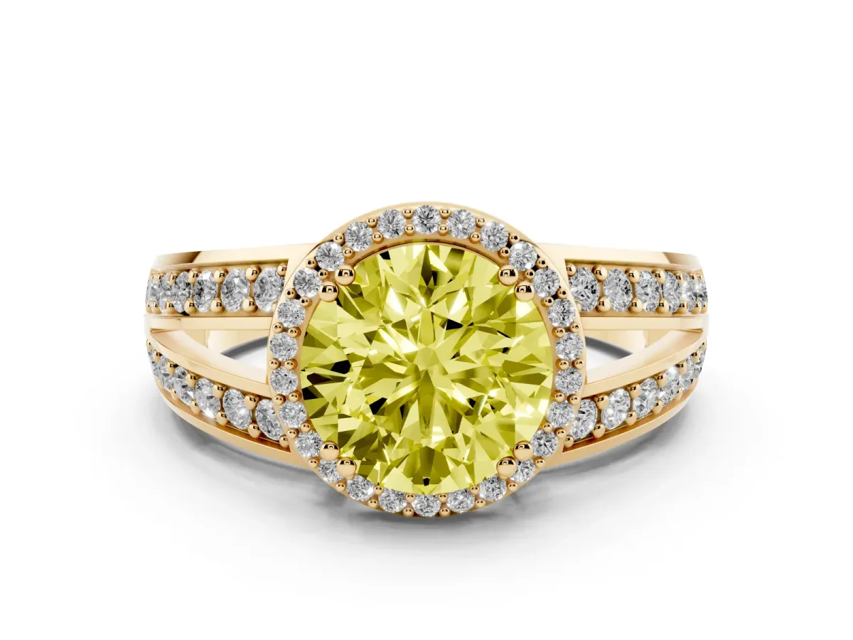 Fancy Yellow Round Cut Diamond Halo Ring Set in Yellow gold with Double Pavé Split Shank
