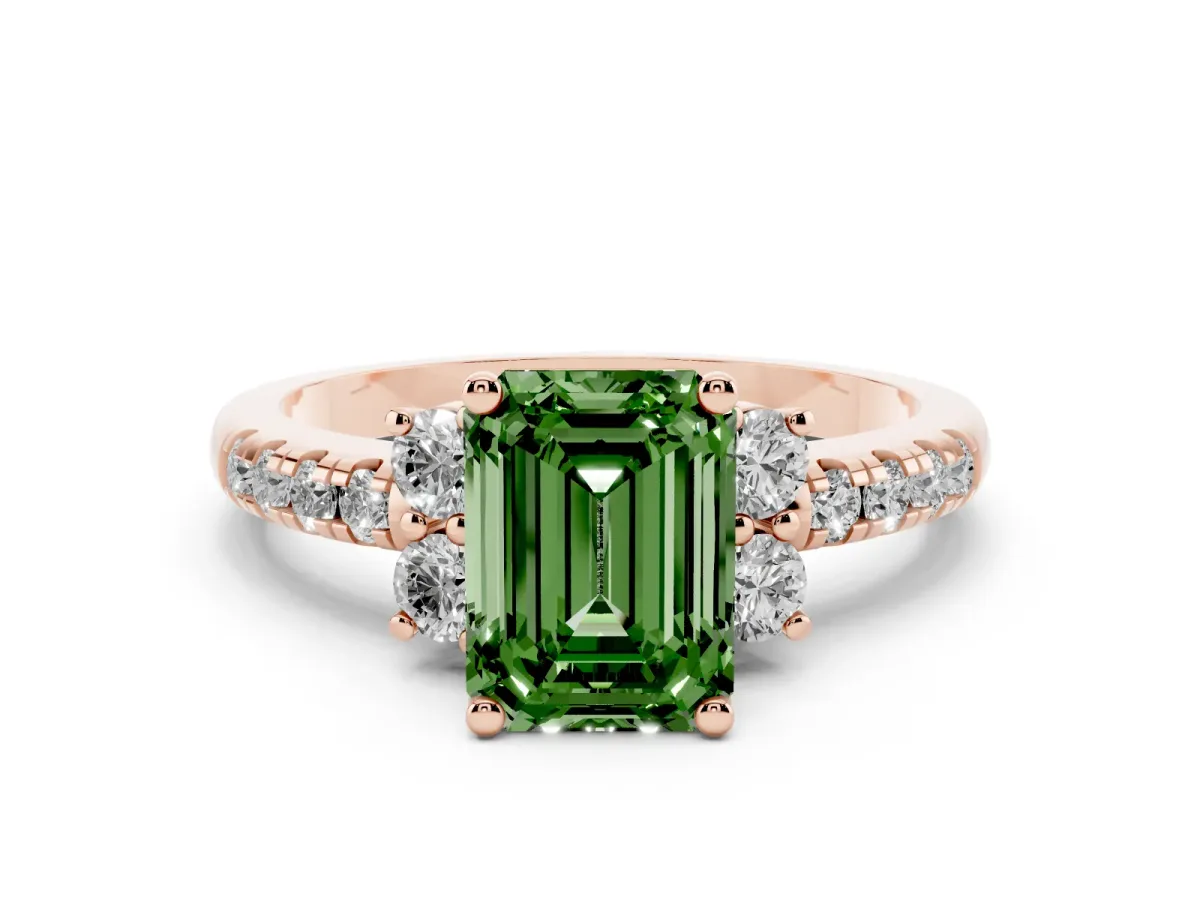 Fancy Green Emerald Cut Diamond Three-Stone Pavé Ring Set in Rose gold with Prong Setting