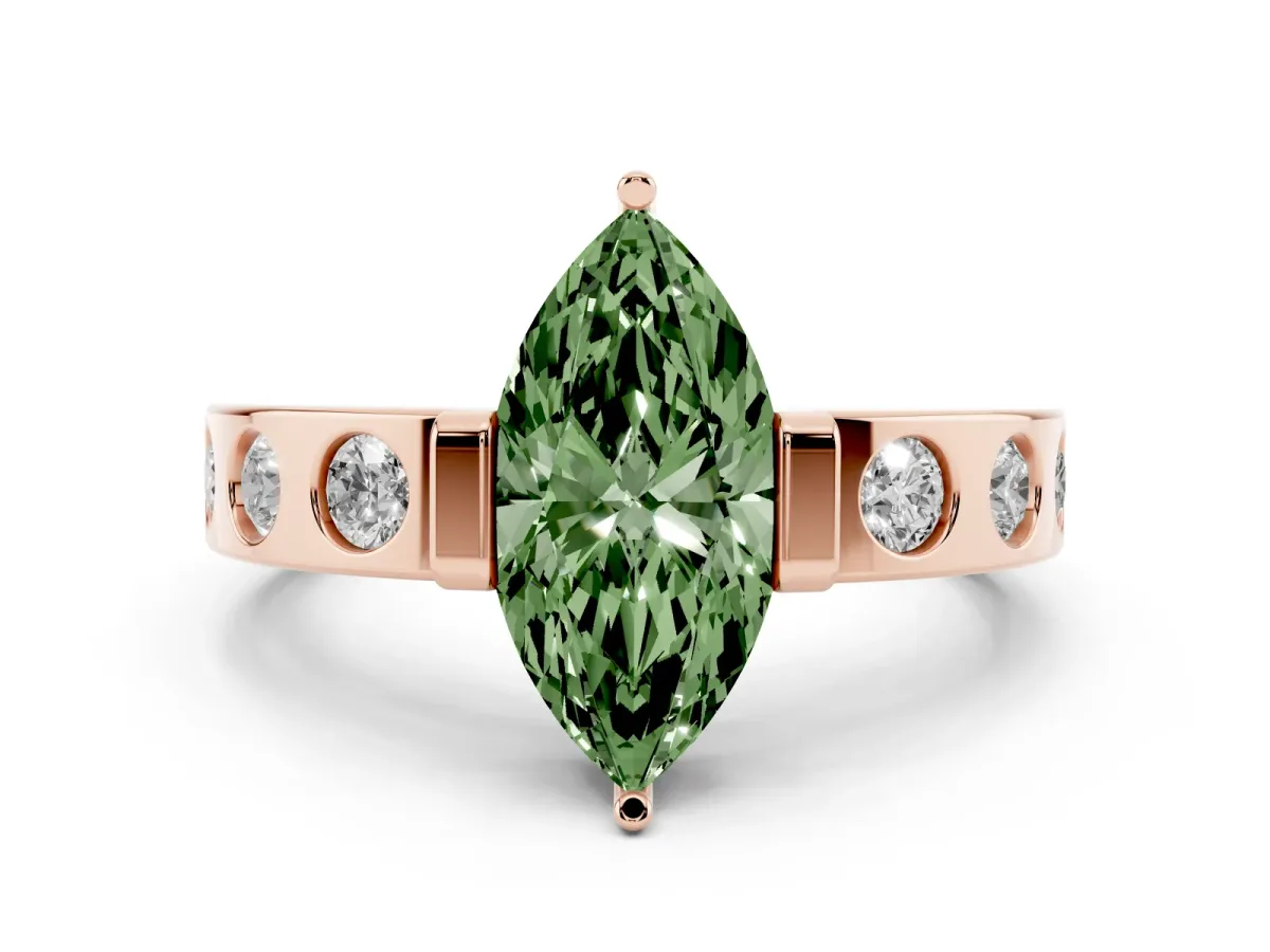Fancy Green Marquise Cut Diamond Channel-Set Band Ring Set in Rose gold with Bezel Prong Setting