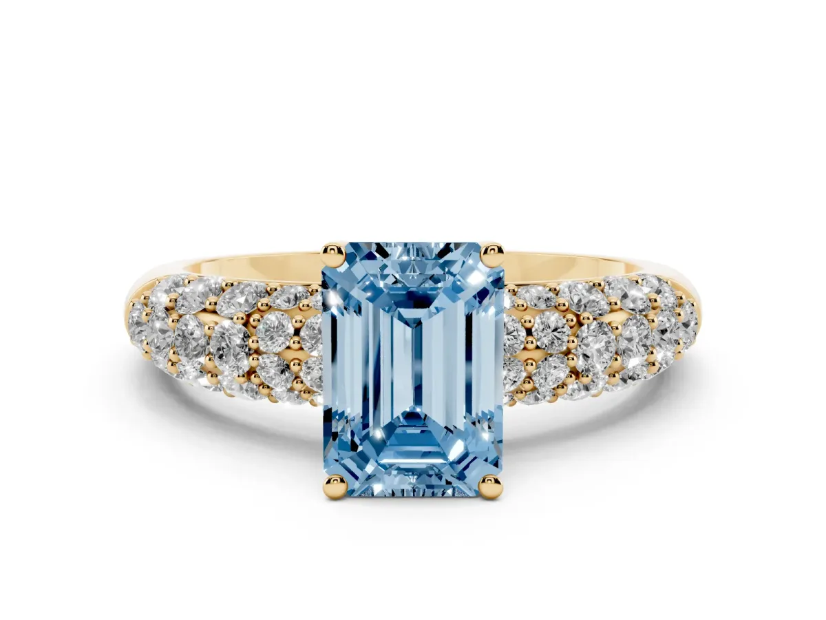 Fancy Blue Emerald Cut Diamond Pavé Band Solitaire Ring Set in Yellow gold with Close-Set Accent Stones and Prong Setting