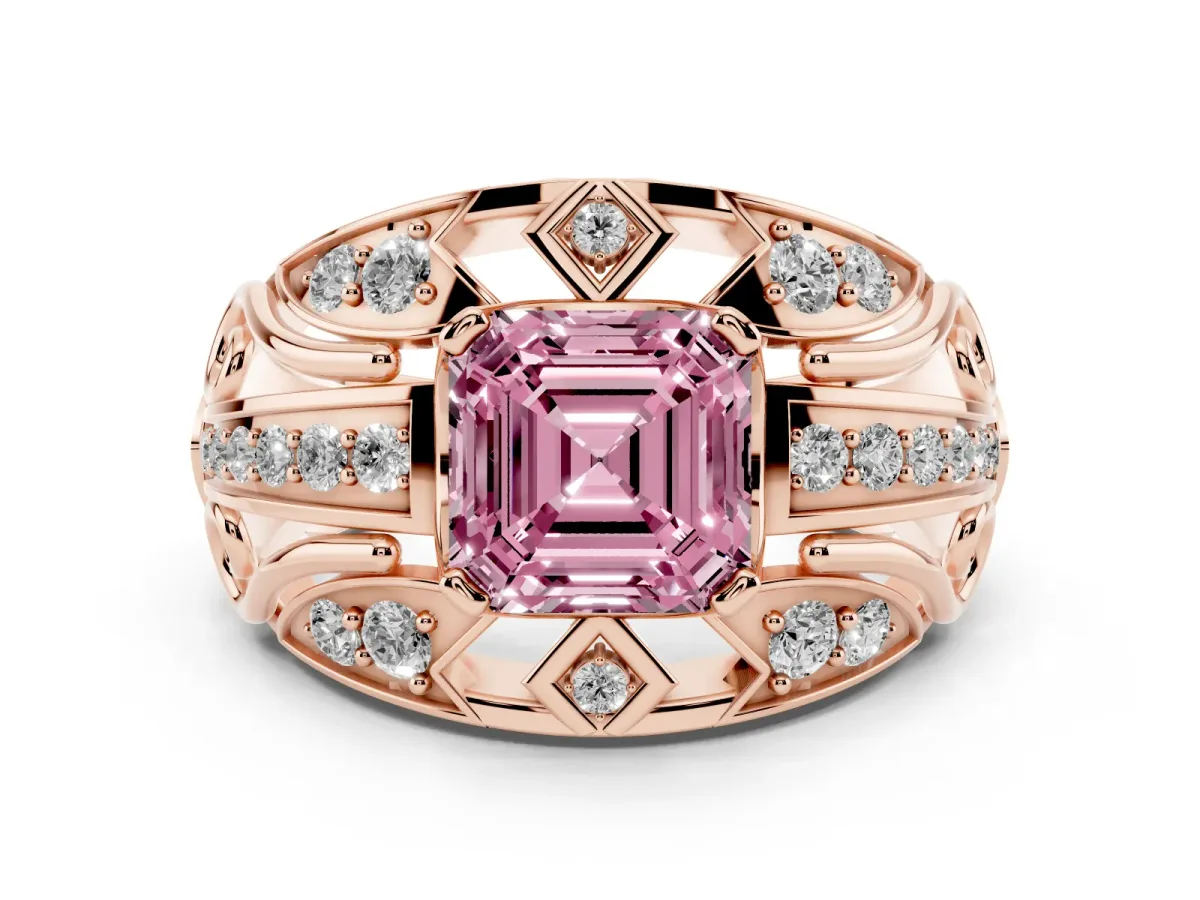 Fancy Pink Asscher Cut Diamond Art Deco Ring Set in Rose gold with Pavé Split Shank