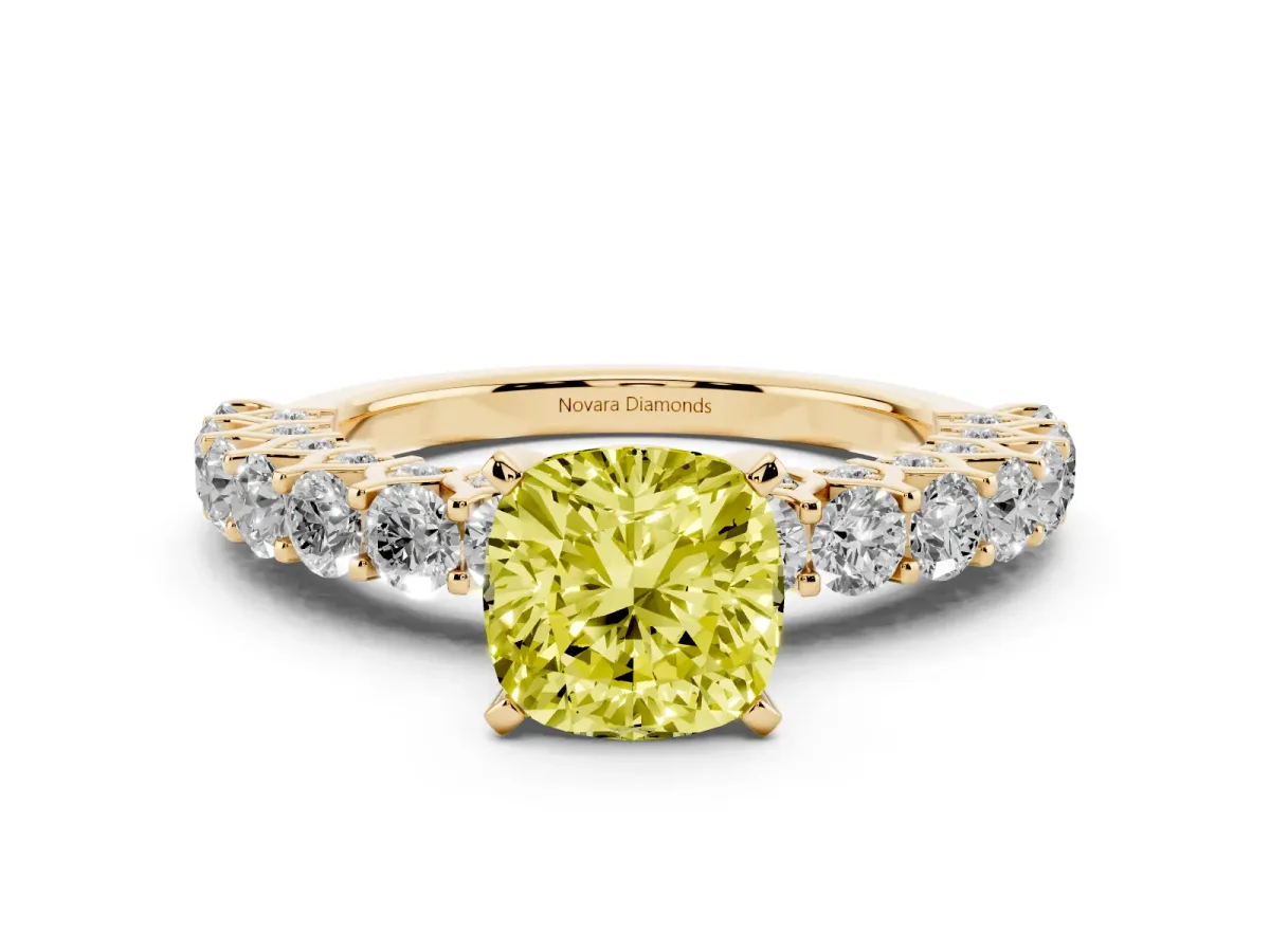 Fancy Yellow Cushion Cut Diamond Solitaire Ring Set in Yellow gold with Shared Prong Pavé Band