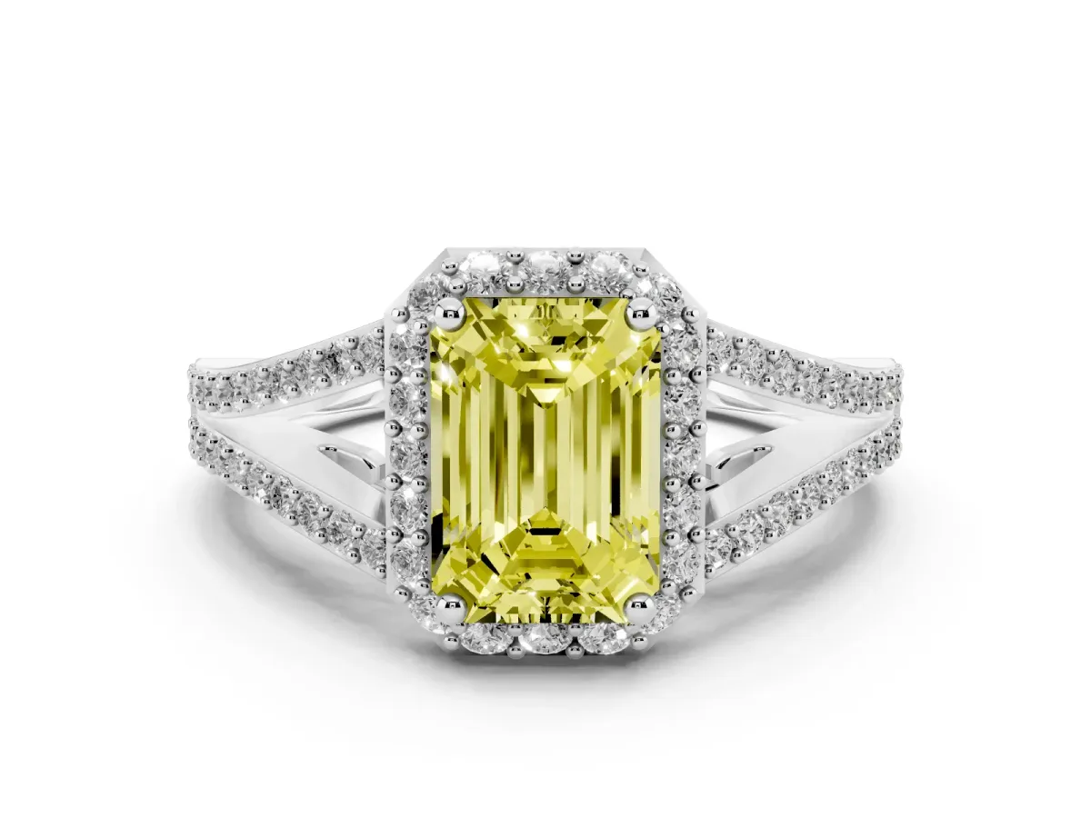 Fancy Yellow Emerald Cut Diamond Halo Split Shank Pavé Ring Set in White gold with Prong Setting
