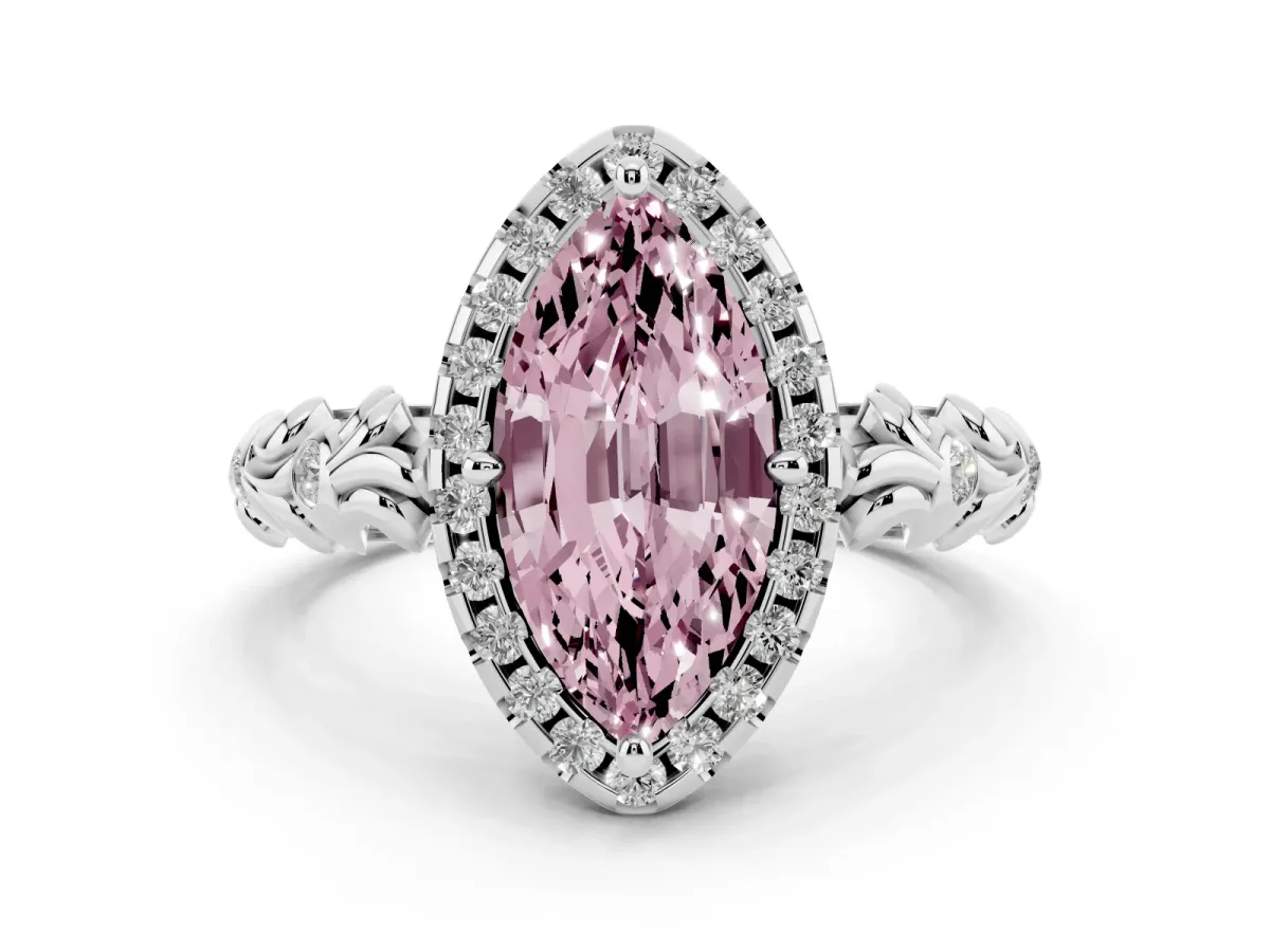 Fancy Pink Marquise Cut Diamond Halo Ring Set in White gold with Filigree Leaf Band and Prong Setting