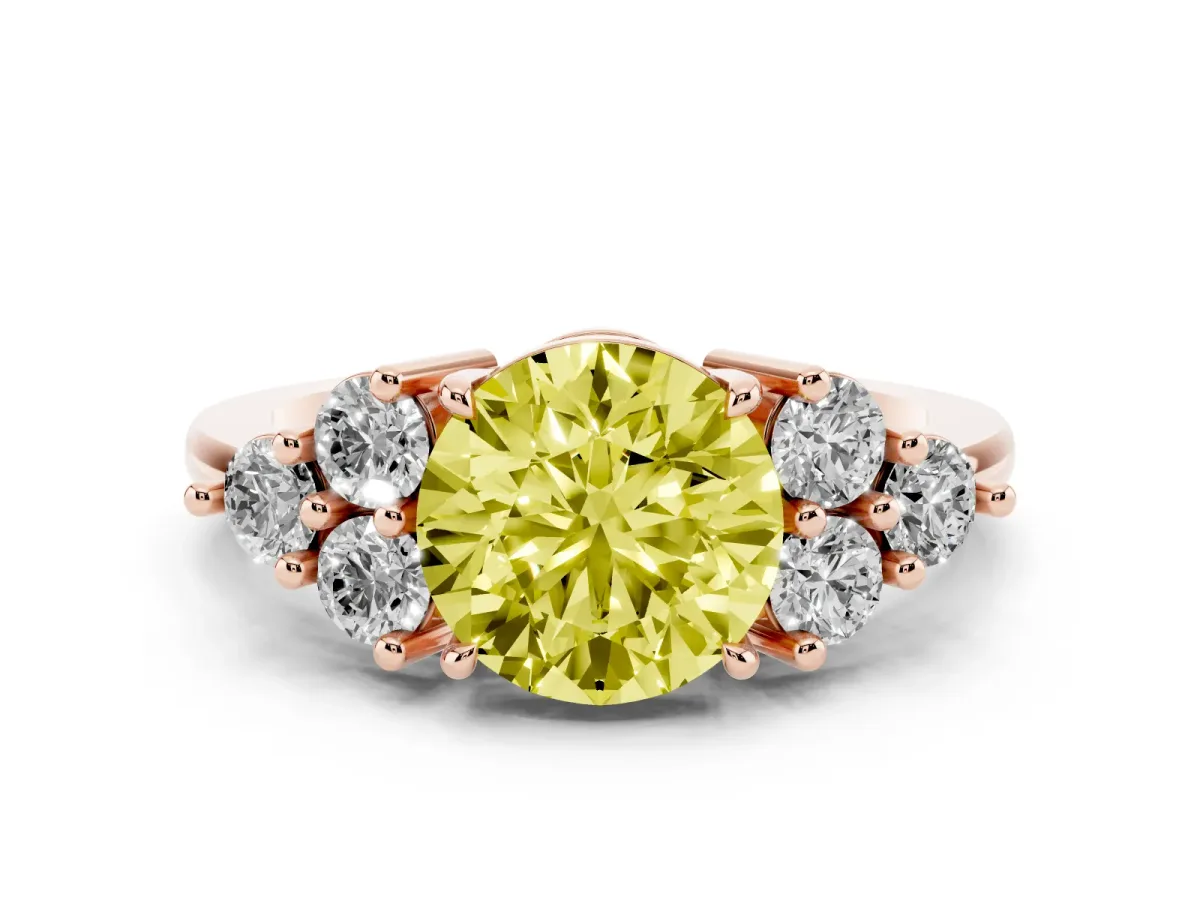Fancy Yellow Round Cut Diamond Solitaire Ring Set in Rose gold with Cluster Accents on Each Side