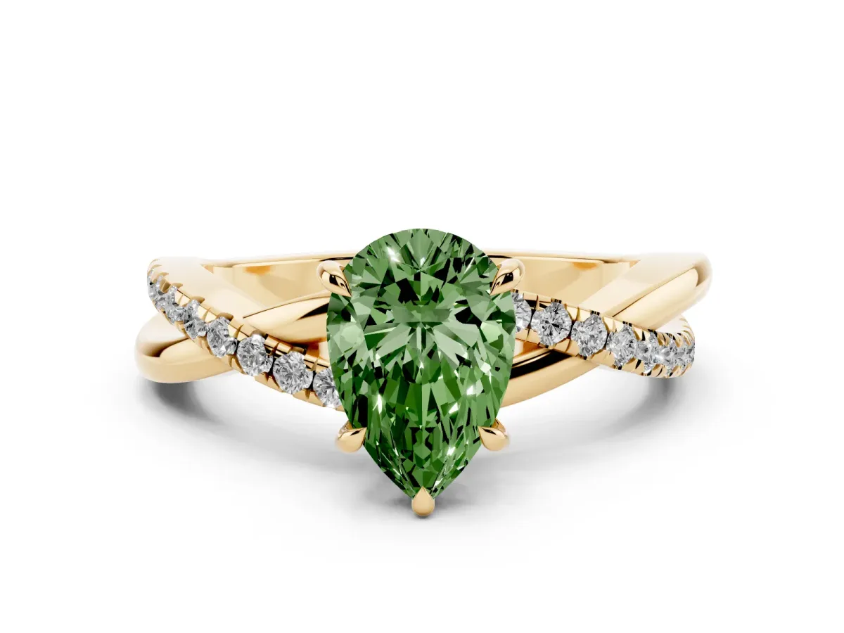 Fancy Green Pear Cut Diamond Twisted Pavé Band Ring Set in Yellow gold with Prong Setting