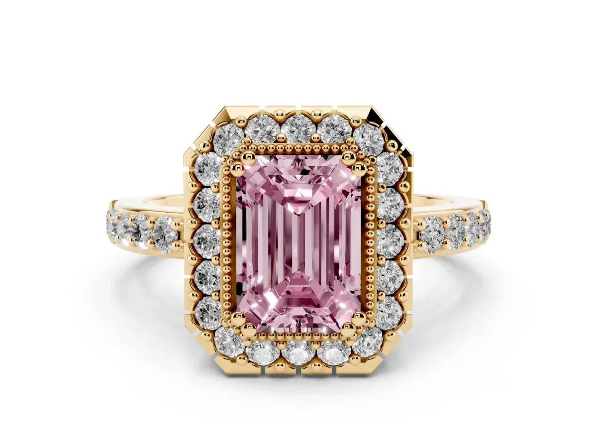 Fancy Pink Emerald Cut Diamond Halo Ring Set in Yellow gold with Pavé Shank and Prong Setting