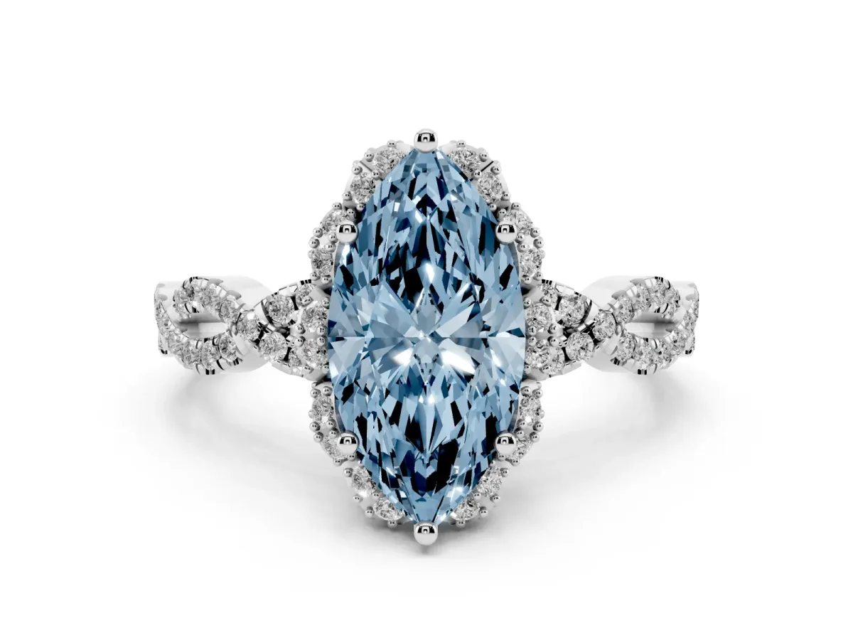 Fancy Blue Marquise Cut Diamond Halo Twist Band Solitaire Ring Set in White gold with Prong-Set Center Stone
