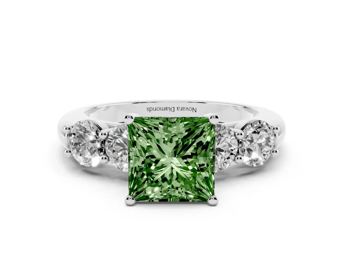 Fancy Green Princess Cut Diamond Five-Stone Prong Set Ring Set in White gold with Classic Band