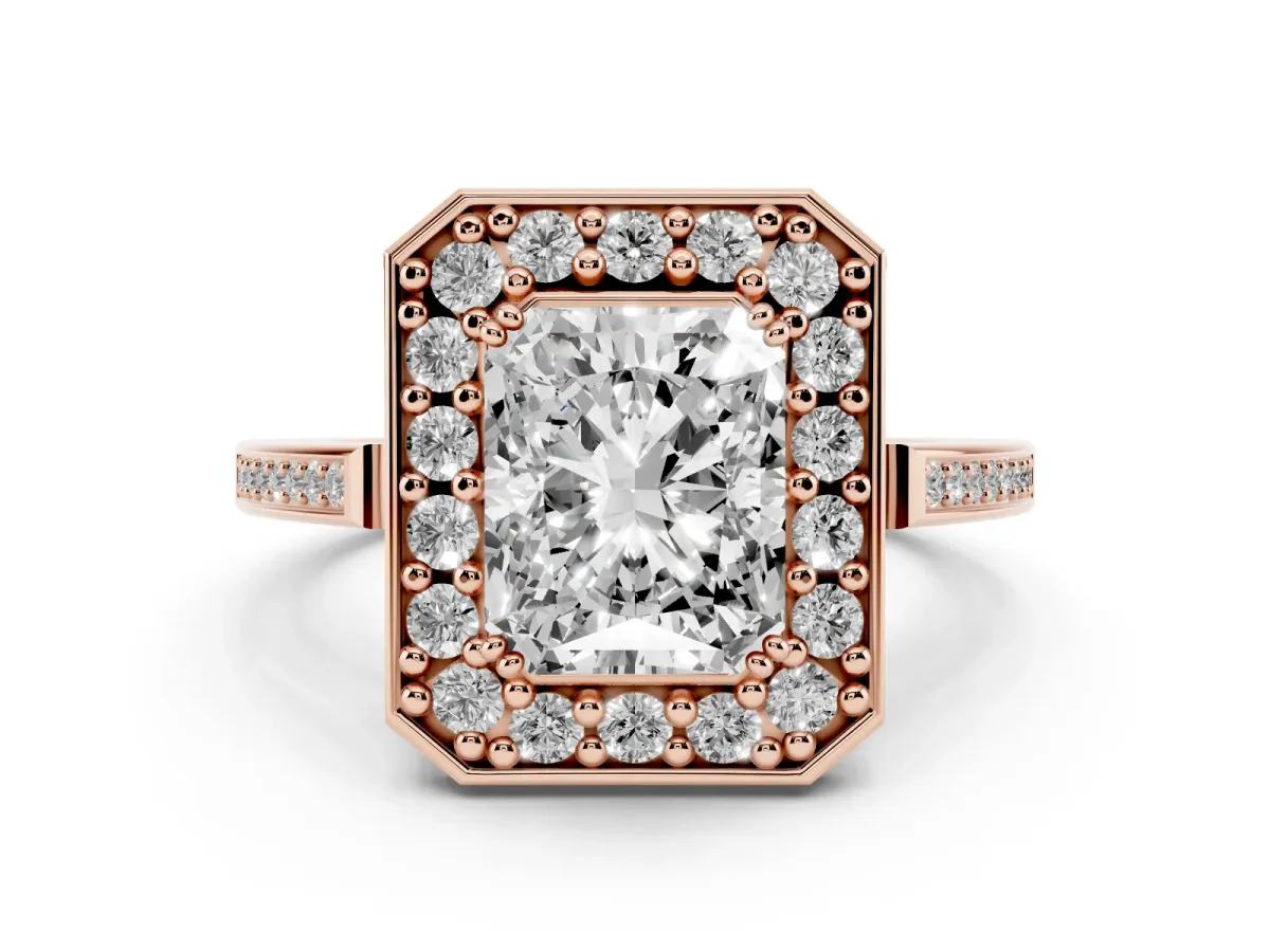 Radiant Cut Diamond Halo Ring Set in Rose gold with Accent-Lined Split Shank and Prong Setting