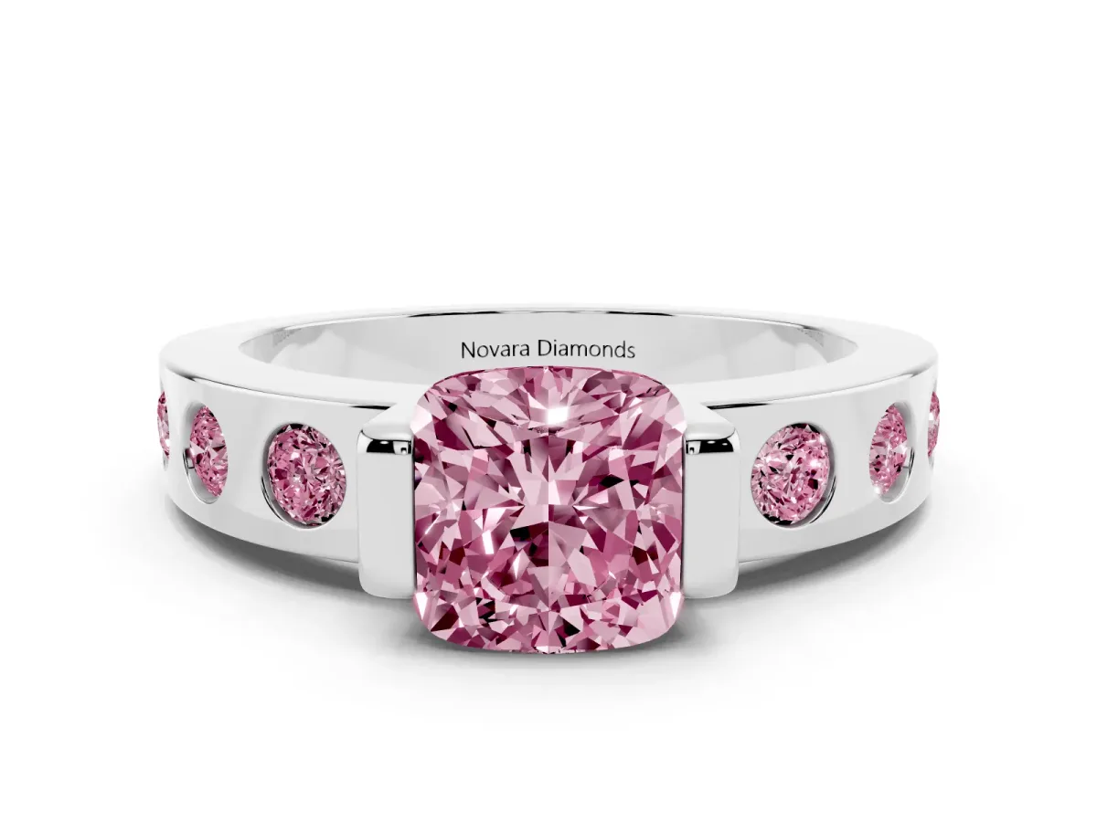 Fancy Pink Cushion Cut Diamond Channel-Set Band Ring Set in Platinum with Bezel Prong Setting