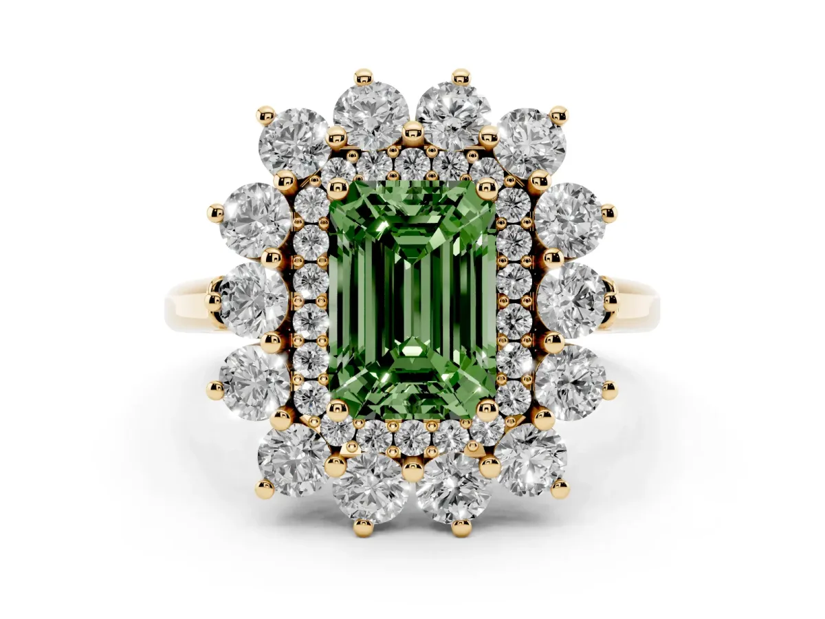 Fancy Green Emerald Cut Diamond Floral Double Halo Ring Set in Yellow gold with Round Petals
