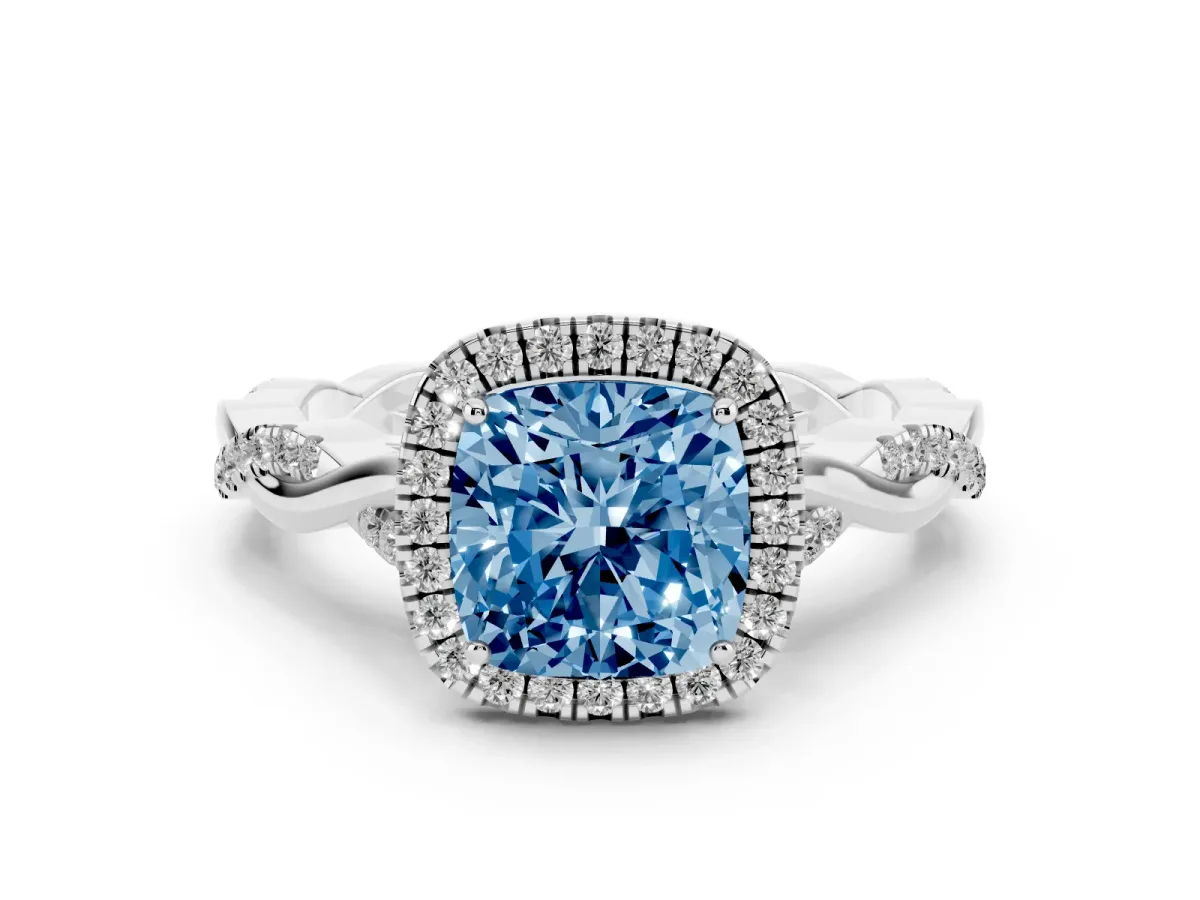 Fancy Blue Cushion Cut Diamond Halo Twist Band Solitaire Ring Set in Platinum with Prong Setting