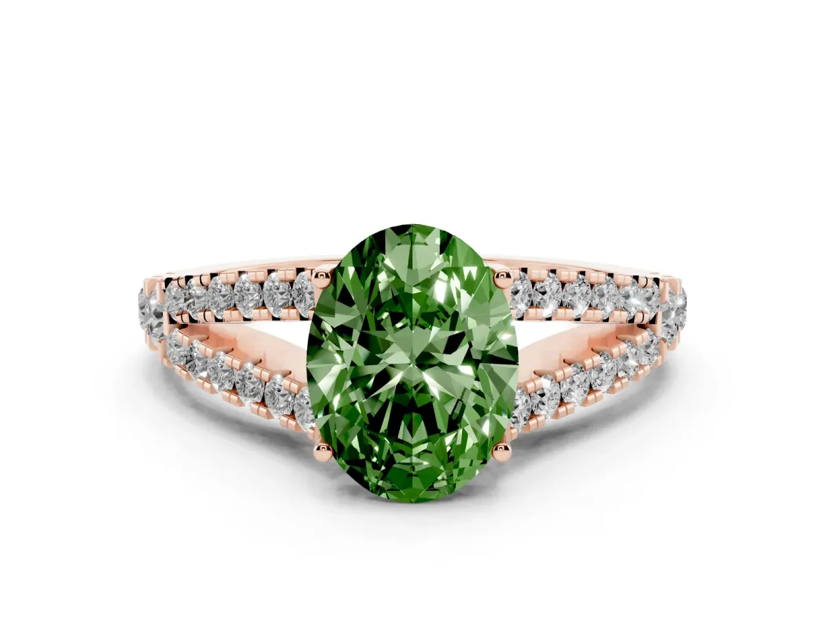 Fancy Green Oval Cut Diamond Split Shank Pavé Engagement Ring Set in Rose gold with Prong-Held Center Stone