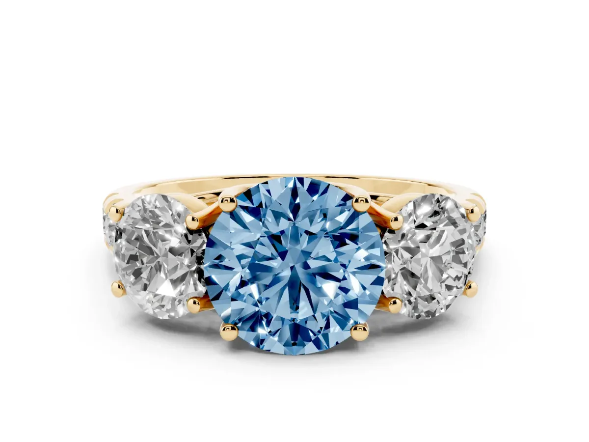 Fancy Blue Round Cut Diamond Three-Stone Ring Set in Yellow gold with Pavé Band