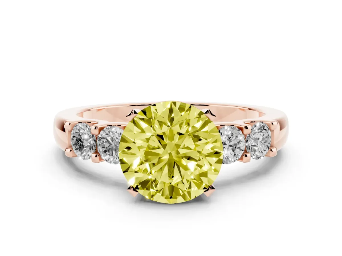 Fancy Yellow Round Cut Diamond Five-Stone Prong Set Engagement Ring Set in Rose gold with Channel Band