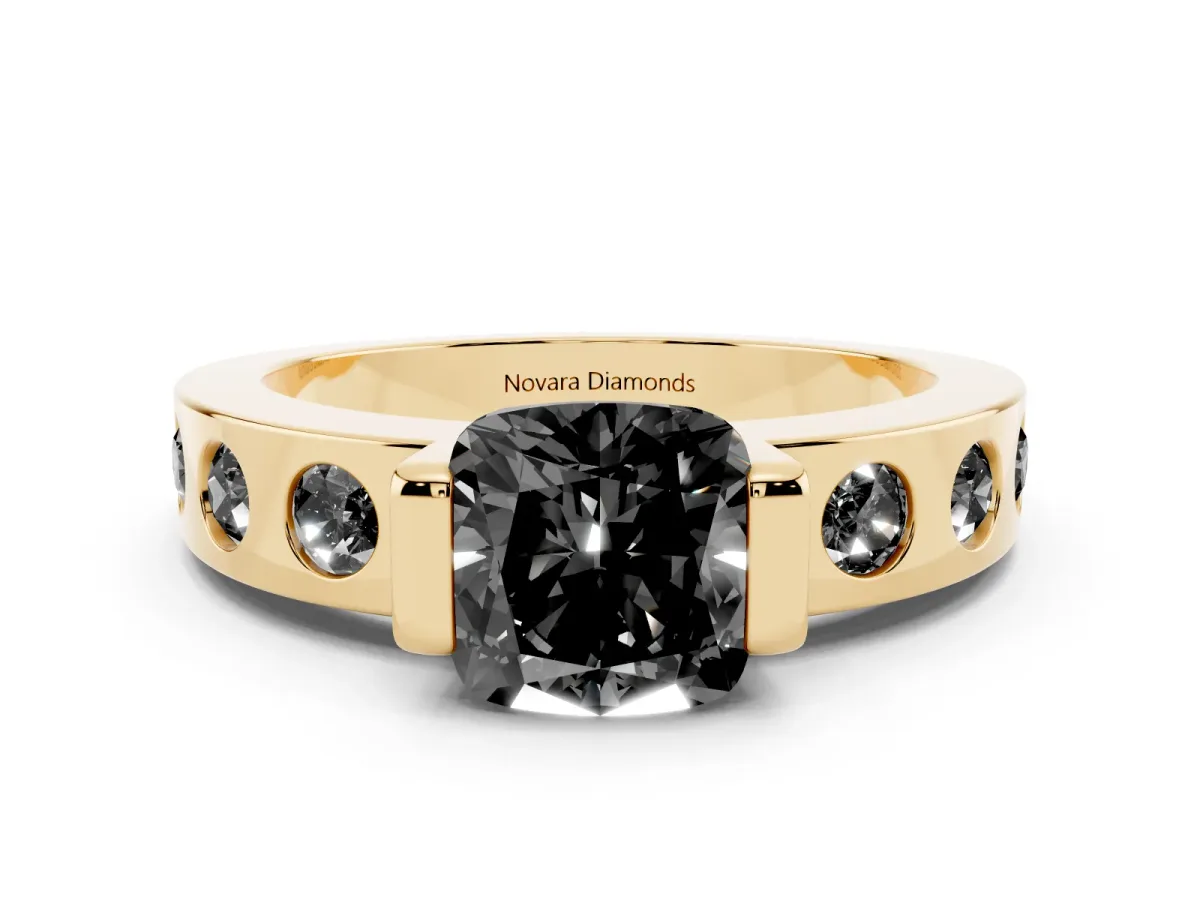 Fancy Black Cushion Cut Diamond Channel-Set Band Ring Set in Yellow gold with Bezel Prong Setting