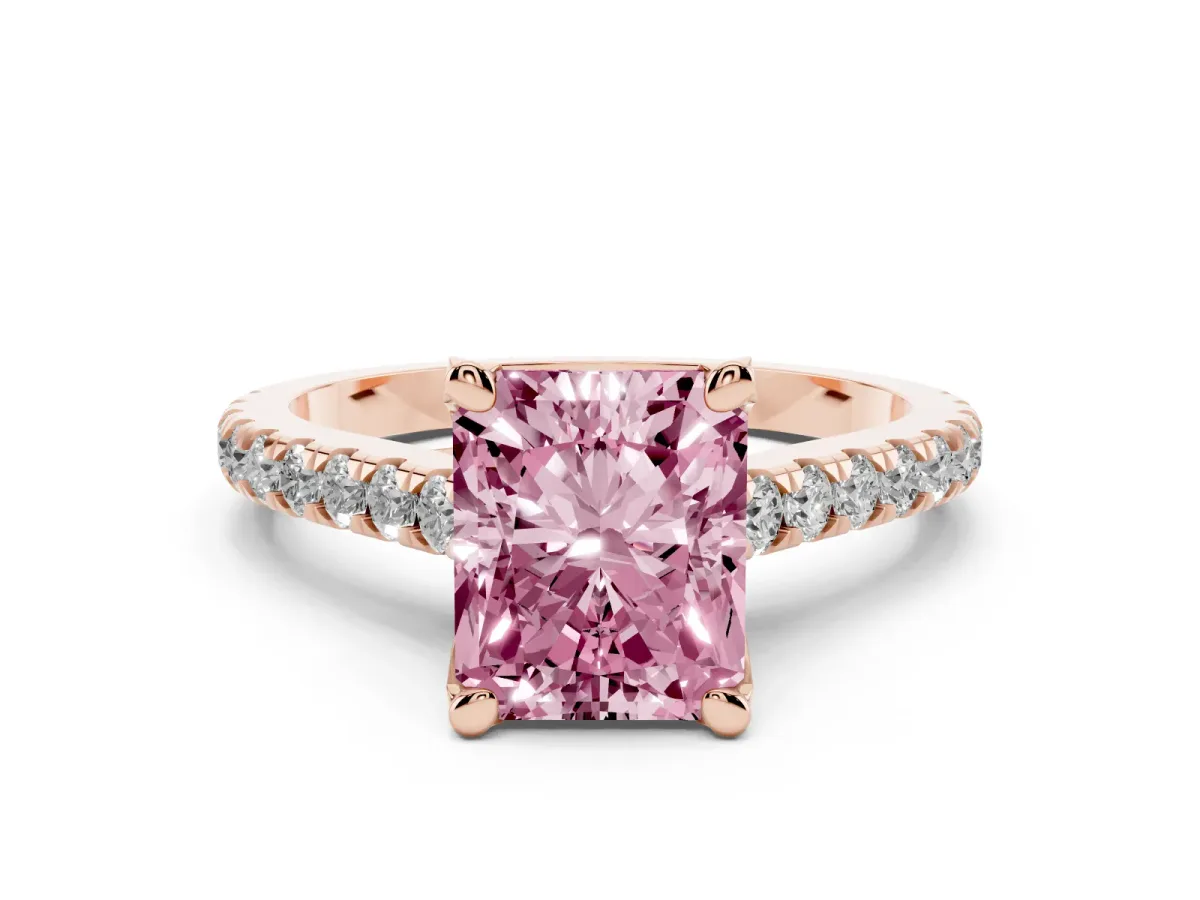 Fancy Pink Radiant Cut Diamond Solitaire Ring Set in Rose gold with Brilliant Pavé Band and Prong Setting